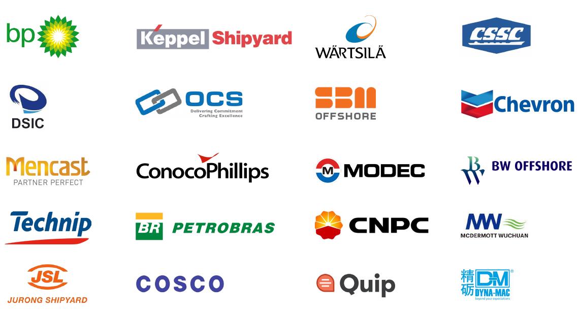 Client logos: BP, Keppel Shipyard, Wärtsilä, CSSC, DSIC, OCS, SBM Offshore, Chevron, Mencast, ConocoPhillips, MODEC, BW Offshore, Technip, Petrobras, CNPC, McDermott Wuchuan, Jurong Shipyard, COSCO, Quip and Dyna-Mac