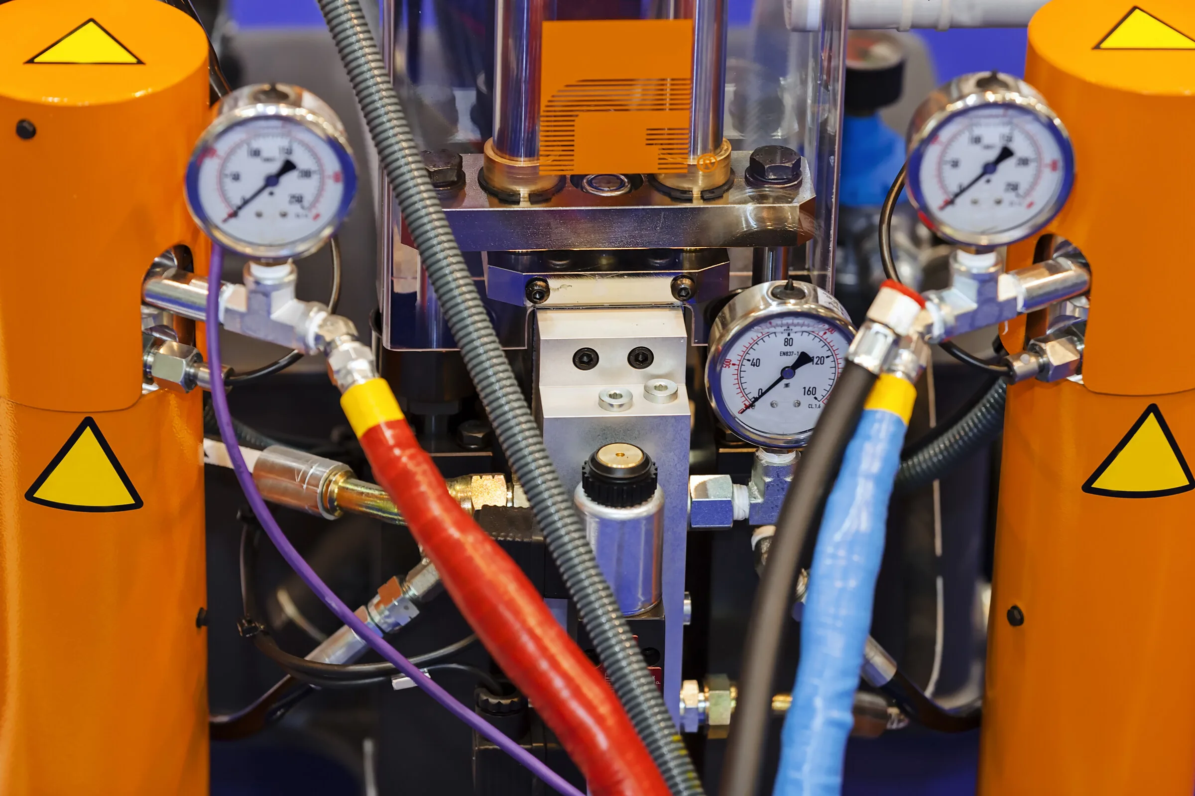 Gauges and hoses on industrial flushing equipment