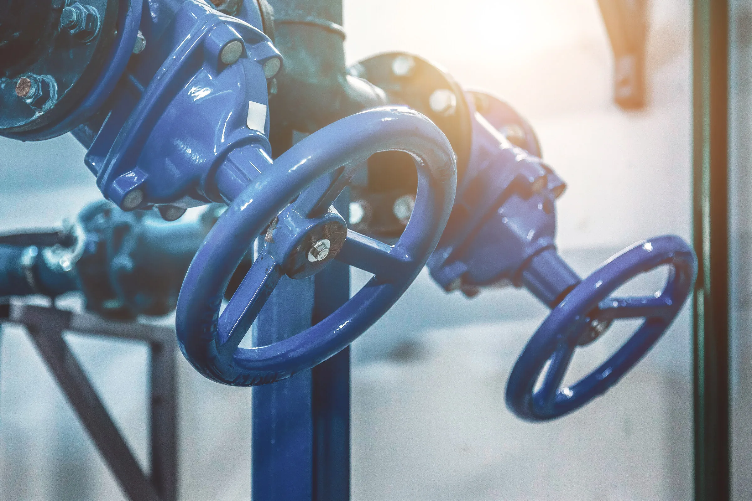 Blue valves and industrial piping system